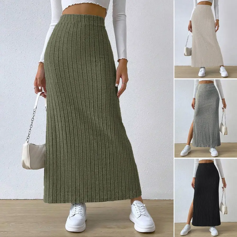 

Женская трикотажная юбка макси в рубчик с высокой талией и Боковым Разрезом, однотонная облегающая длинная юбка, уличная одежда