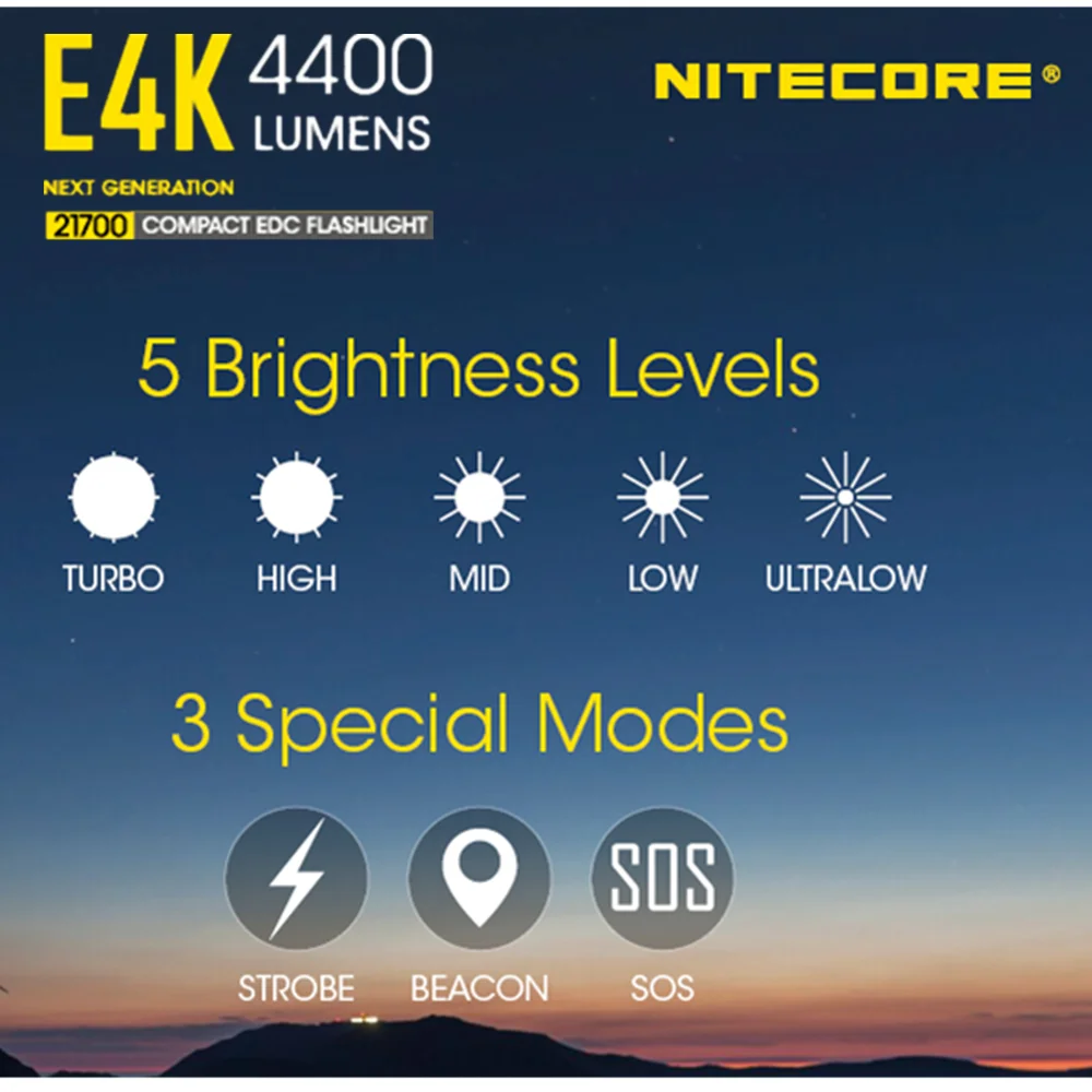 Nitecore E4K Strong Light Highlight 4400 Lumens 21700 Batterie Portable  Lampe De Poche Portable