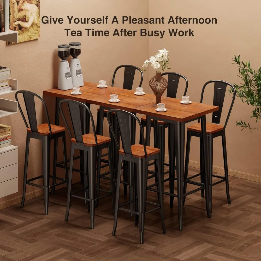 Bar Table and Chairs Set,Pub Table and Chairs Set of 2,with Elm Solid Wood and Thickened Metal Frame,for Small Space,Bistro Cafe 6