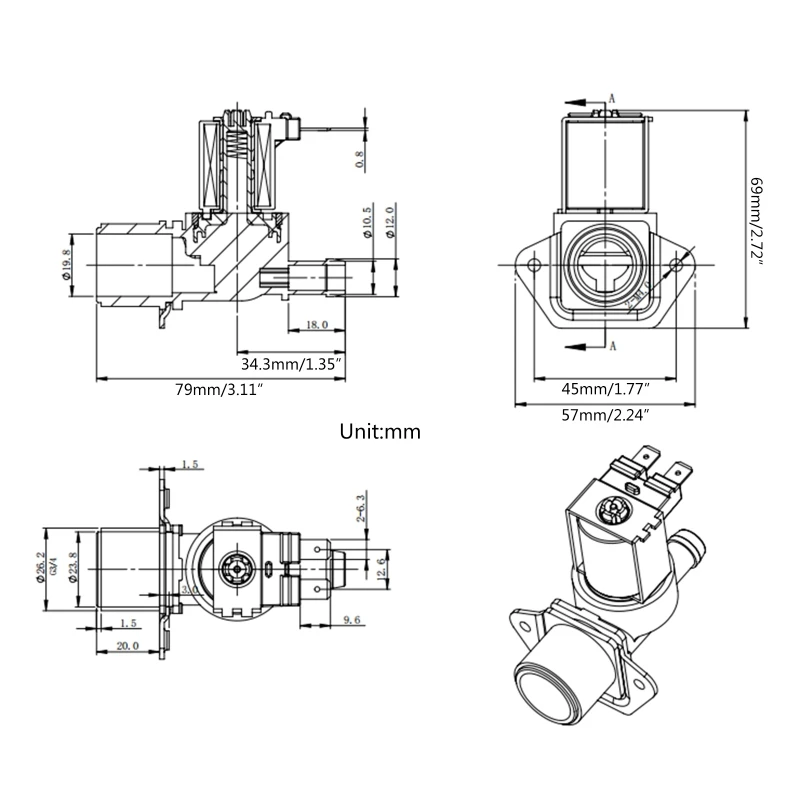 Water Inlet for Electric Solenoid for 220V/12V/24V 3/4" Male Thread Easy Installation Dishwasher Washing