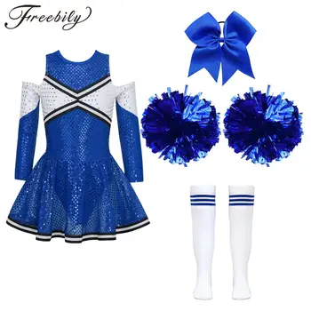 Abiti da ballo per cheerleader per bambini Uniformi da cheerleader con paillettes per ragazze per bambini Abito con fiori a mano Calzini Costume da cheerleader
