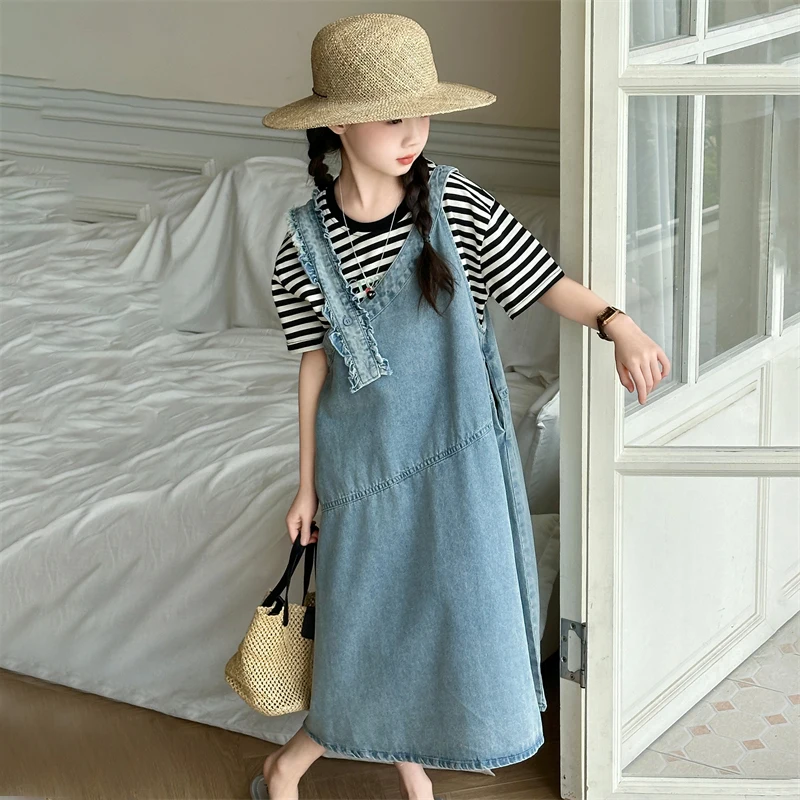 

Summer Dress For Girls Denim vest skirt suspender children's suit kids striped short-sleeved T-shirt two-piece set 4-14 years