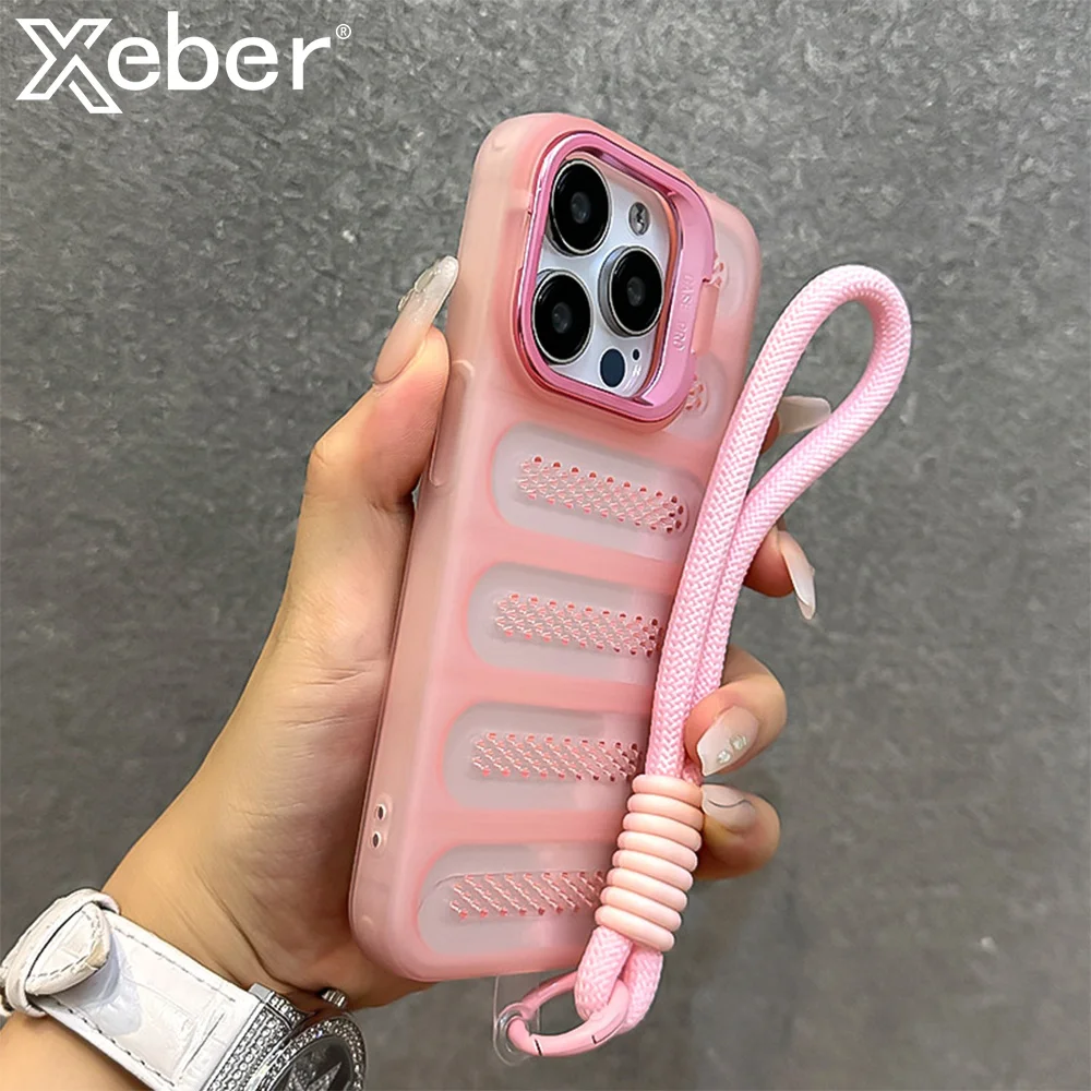 Enhanced Wrist Strap Lanyard Phone Case with Heat Dissipation and Folding Stand - Shockproof Matte Back Cover with Lens Protection