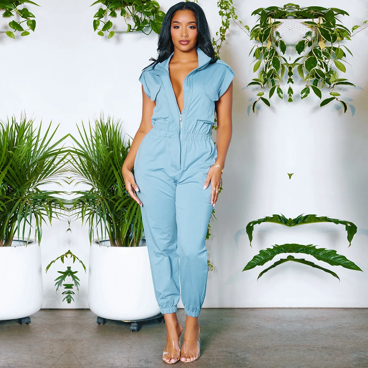 

2023 Summer Women Solid Color Elastic Waist Jumpsuit Streetwear Fashion Casual V Neck Lapel Short Sleeve with Pockets Jumpsuit