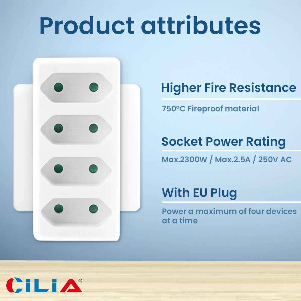CILIA Eu Extension Socket ,4 Schuko,multi-outlet, 2-pin Schuko socket, power Extension plug converter，Type C，220-250V,2300W 1