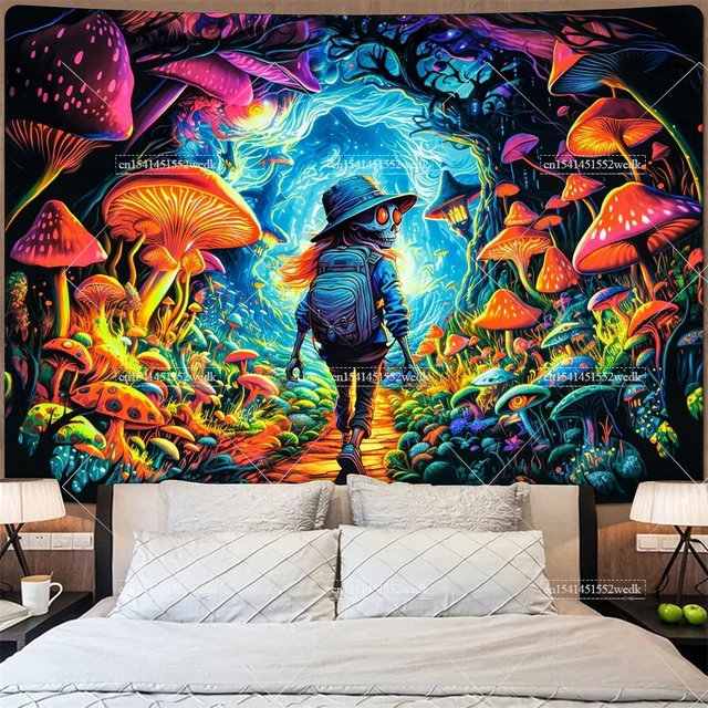 Tapisserie de champignons à lumière noire, crâne Hippie réactif aux UV, tenture murale des yeux, tapisserie de forêt, affiches qui brillent dans la nuit 5