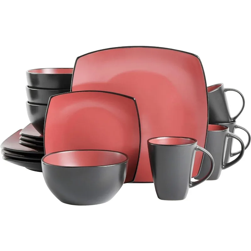 Square Reactive Glaze Stoneware Dinnerware Set, Service for 4 (16pc), Dishwasher and Microwave Safe, Red/White 3