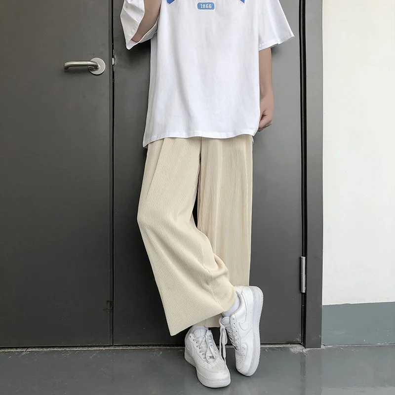 

Summer Pleated Wide Leg Fashion Black Gray Beige Casual Men Streetwear Loose Hip-hop Drawstring Ice Silk Pants