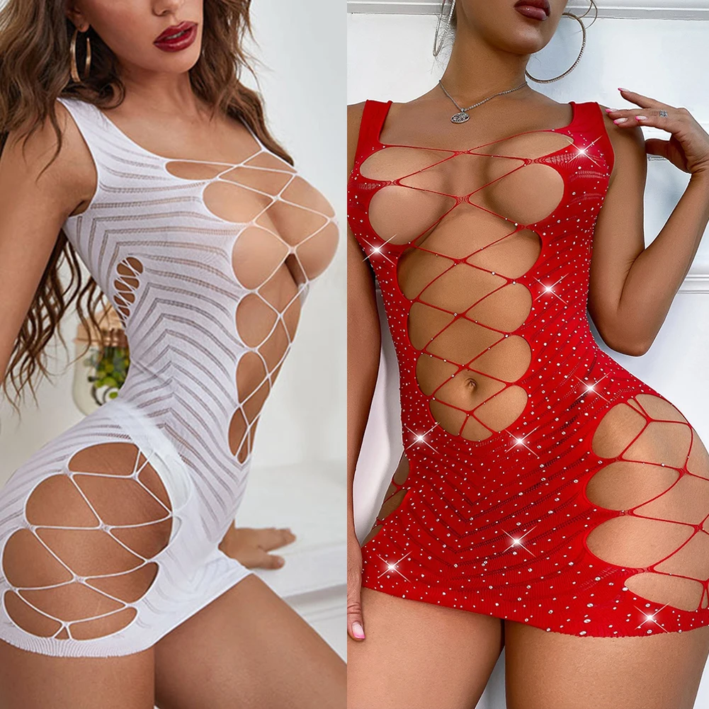 

Women Sexy Tights Lingerie Fishnet Hollow Out Bodycon Uniform Temptation Elastic Nightdress Party Clubwear Sleepwear Dress