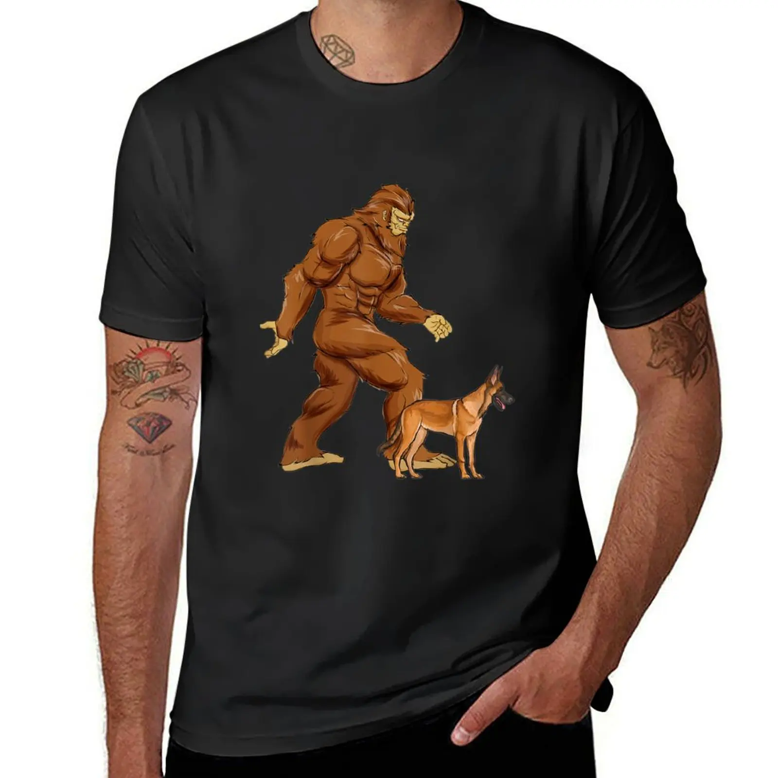 Funny Bigfoot Walking Belgian Malinoi Sasquatch Dog T-Shirt Blouse heavyweights Men's t-shirts