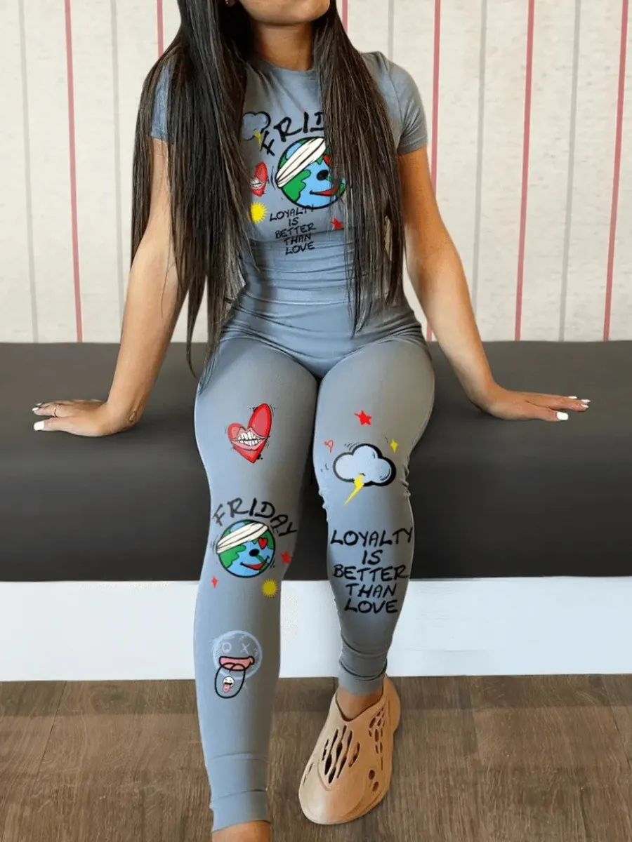 Two Piece Sets Womens Outfits Round Neck High Stretch Short Sleeve Letter Print Skinny Patchwork Pencil Pants Set