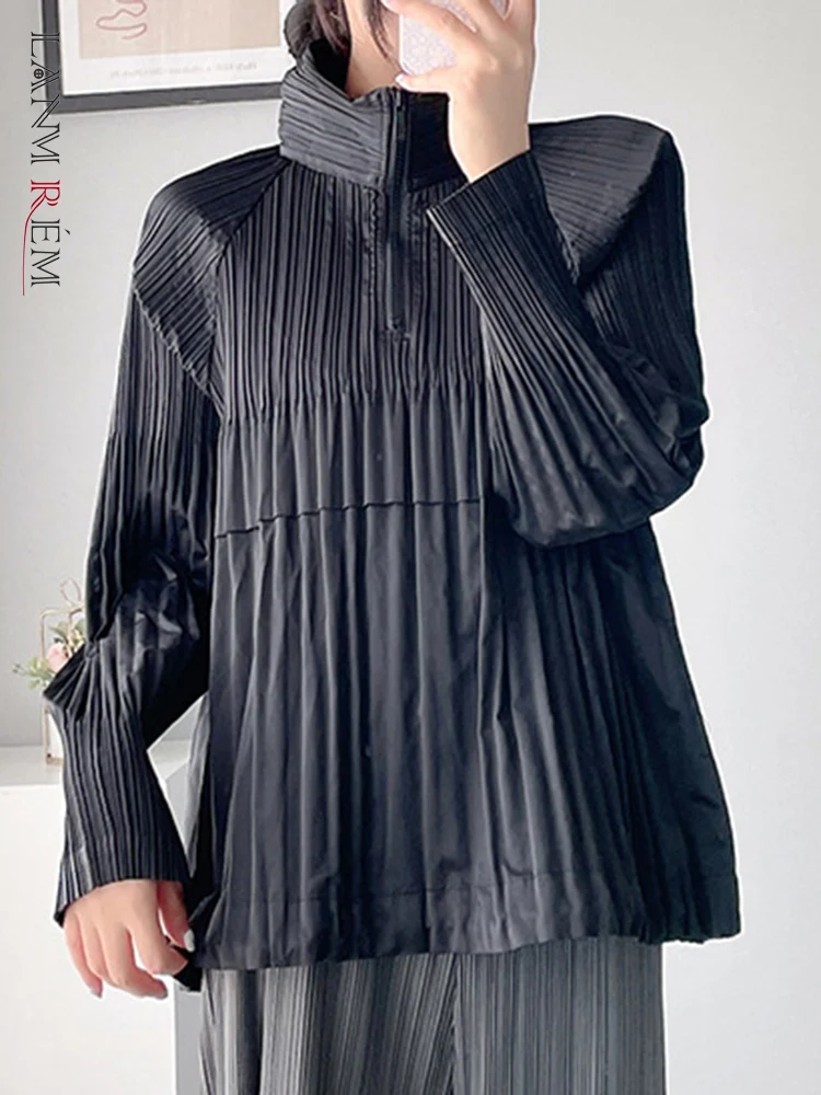 

LANMREM Women's Pleated Solid Color Blouse Casual Zipper Stand Collar Long Sleeves Shirt Fashion 2023 Autumn New 2AA2269
