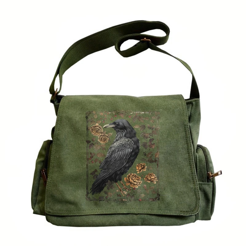 Retro Damen Umhängetasche Canvas Rabenmuster Große Kapazität Messenger Bag für Reise Umhängetasche