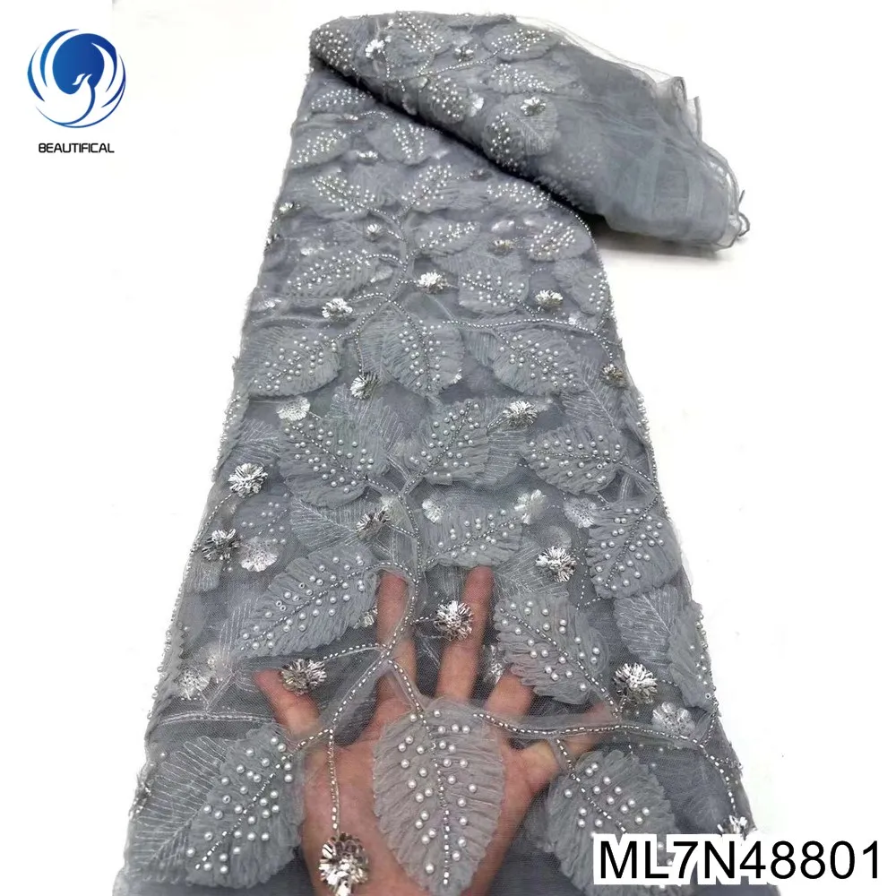 

Lace Sewing Fabric with Handmade Bead for Evening Dress, Leaf Design, African Sequins, French Style, Attractive Styles, ML7N488