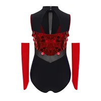 Girls Gymnastics Dance Performance Outfit Mock Neck Sleeveless Cutout Back Sparkling Sequins Color Block Leotard with Gloves - Image 2