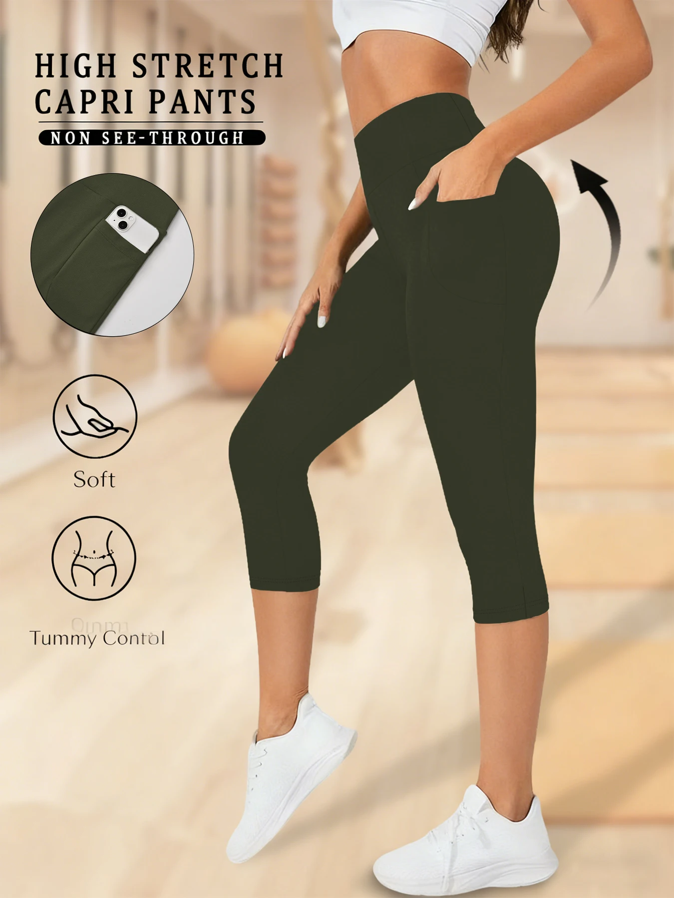 Women's High-Waisted Capri Yoga Pants with Pockets - Super Soft, Tummy Control, 5-Inch Length