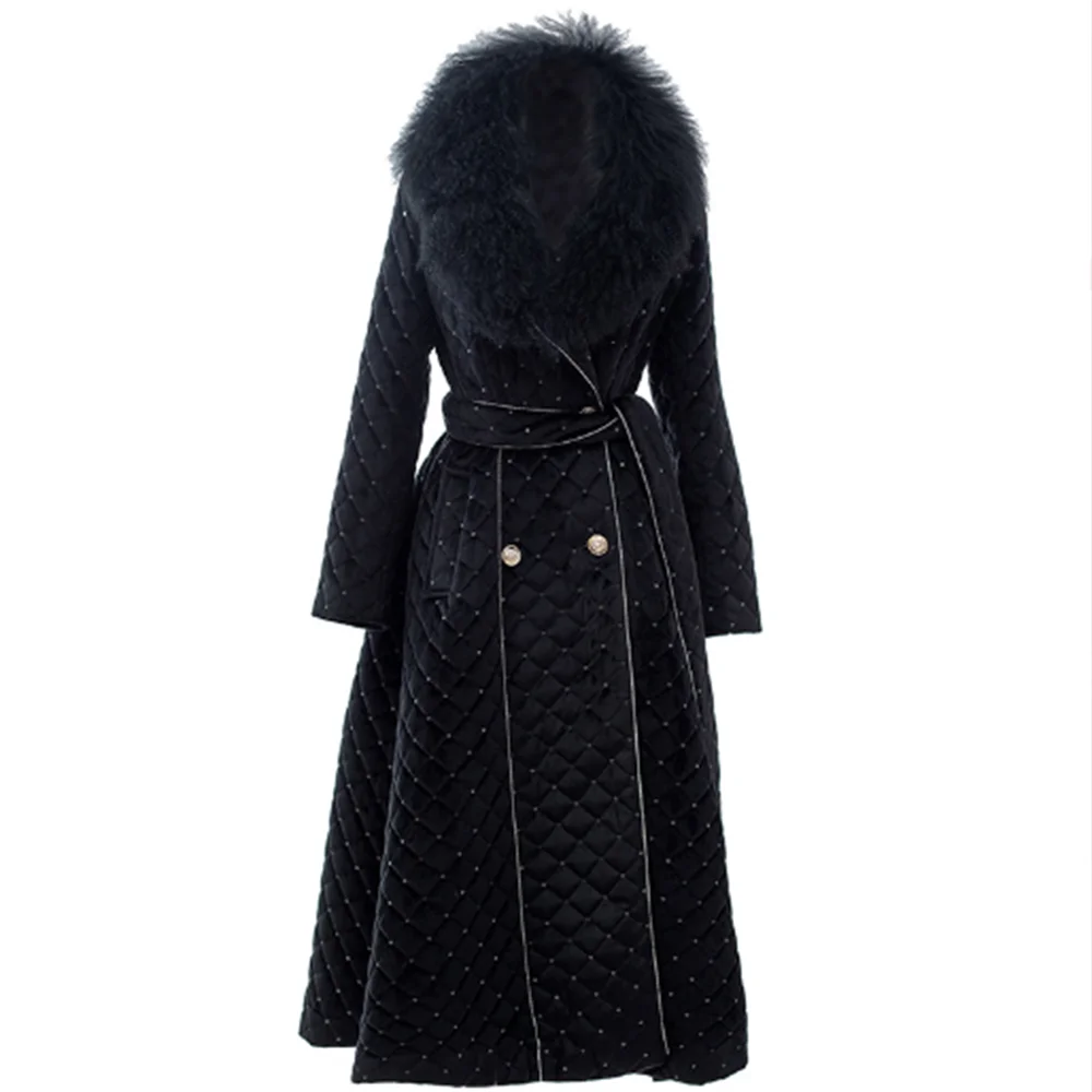 

Winter clothes long wool collar warm coat slim design over-knee Fur collar Drill cotton coat woman