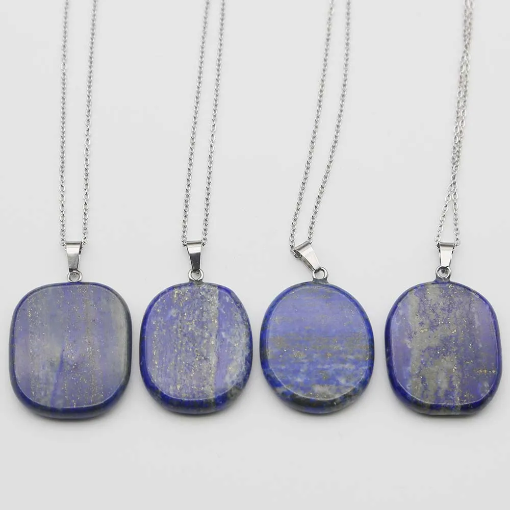 

Boutique Natural Stone Lapis Lazuli Necklace Flat Irregularity Pendant Stainless Steel Chain Fashion Charm DIY Jewelry Gift 6PCS