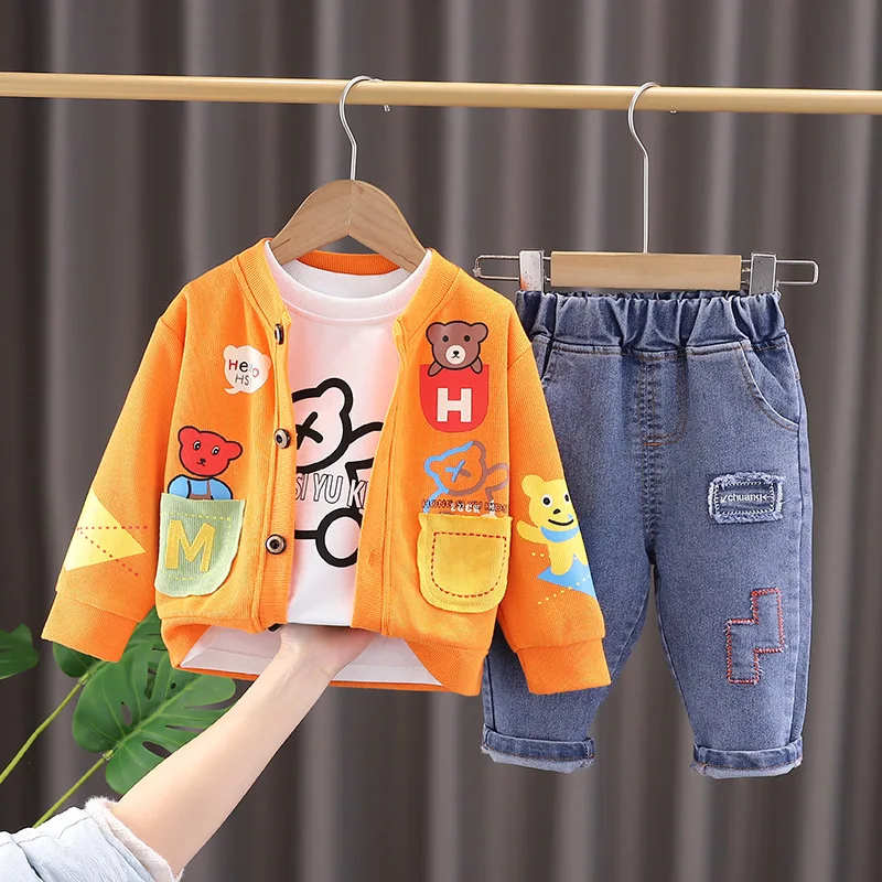 Set di Abbigliamento per Bambini Primaverile alla Moda: Cappotto con Cartoni Animati, T-shirt e Pantaloni, Completo 3 Pezzi - immagine 3