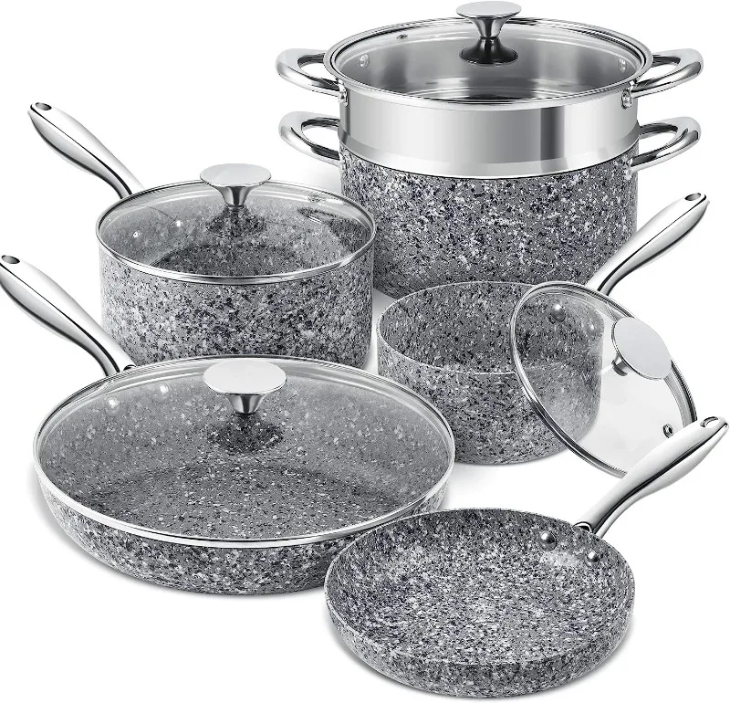 

MICHELANGELO Stone Cookware Set 10 Piece, Ultra Nonstick Pots and Pans Set with Stone-Derived Coating