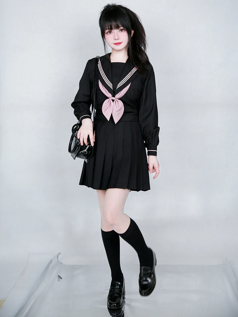 Japanese Preppy Style JK Uniform Suit Sailor Collar Bow Tie Back Lace-up Top High Waist Pleated Short Skirt Two-Piece Set Women