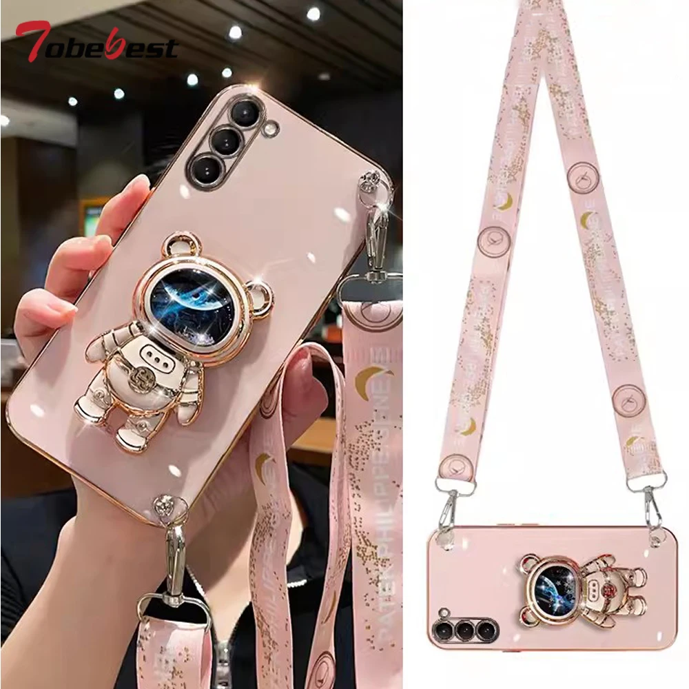 Crossbody Lanyard Quicksand Space Bear Plating Case - Stylish Protective Cover with Glitter Effect