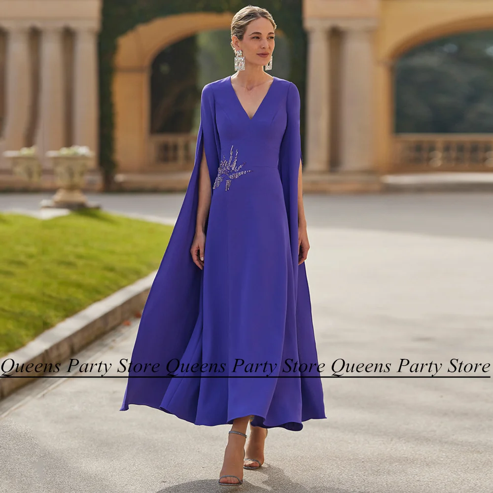 

Mother of The Bride Dress V Neck Long Sleeves Beading Sequined Jersey A Line Ankle Length Wedding Guest Dresses Evening Gown