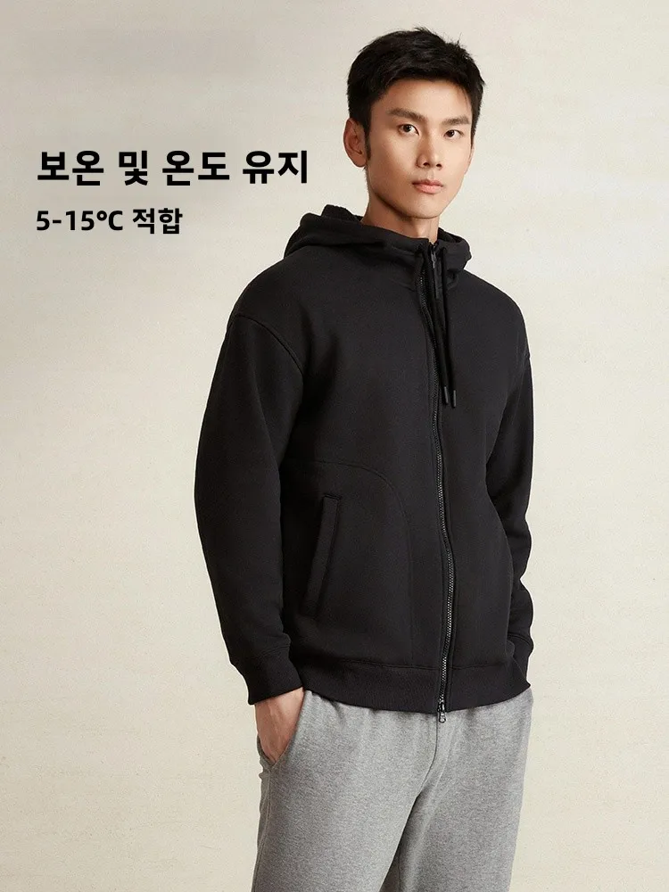 데카테론 플리스 안감 후드 재킷 남성용 겨울 두꺼운 따뜻한 캐주얼 지퍼 오픈 가디건 스웨트셔츠 폴리에스터 섬유