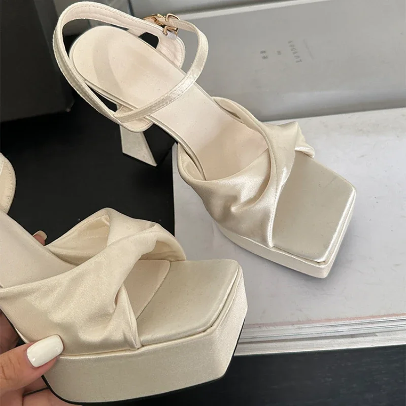 Silk Luxury Platform Sandals for Women Open Toe Sexy Party Dress Wedding Shoes Fashion Slingback Luxury Brand High Heels Female