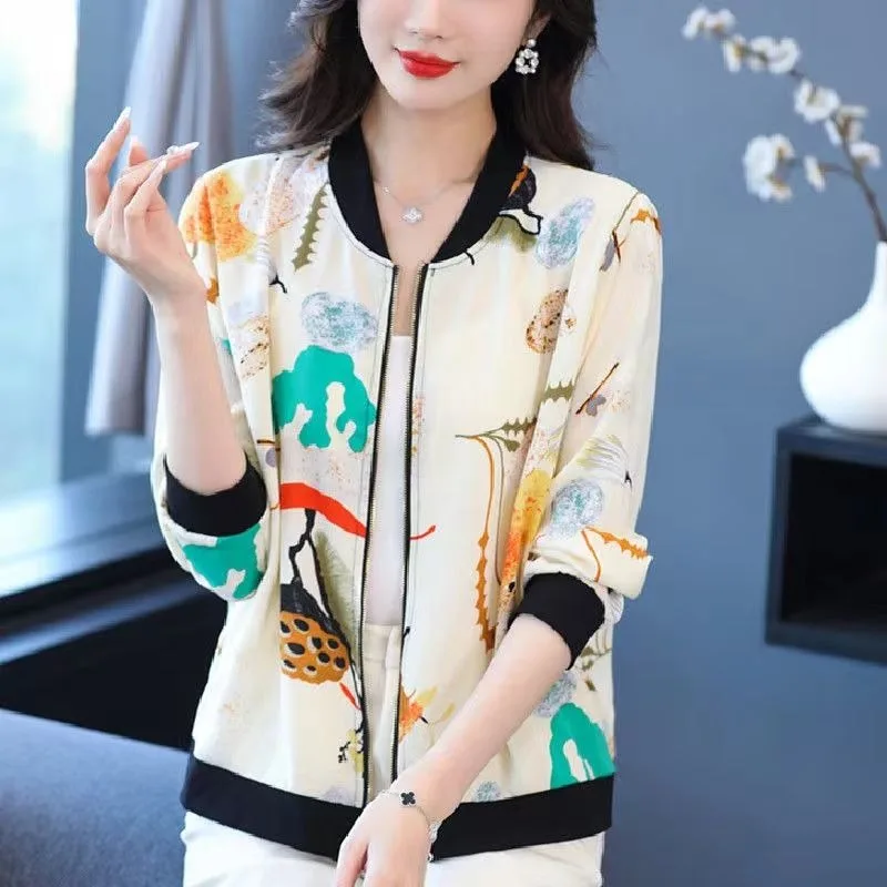 Zipper Sweatshirt Long Sleeve Jacket Summer Sunscreen Clothing Floral Print Thin Short Coat Baseball Lady Leisure Cardigan Tops