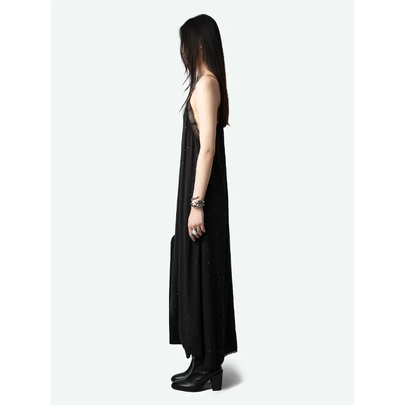 Zadig Solid Black Dress Women Casual Long Halter Dresses Ladies Elegant Slip Backless Robes Chic Lace Diamonds Jupes Female 3