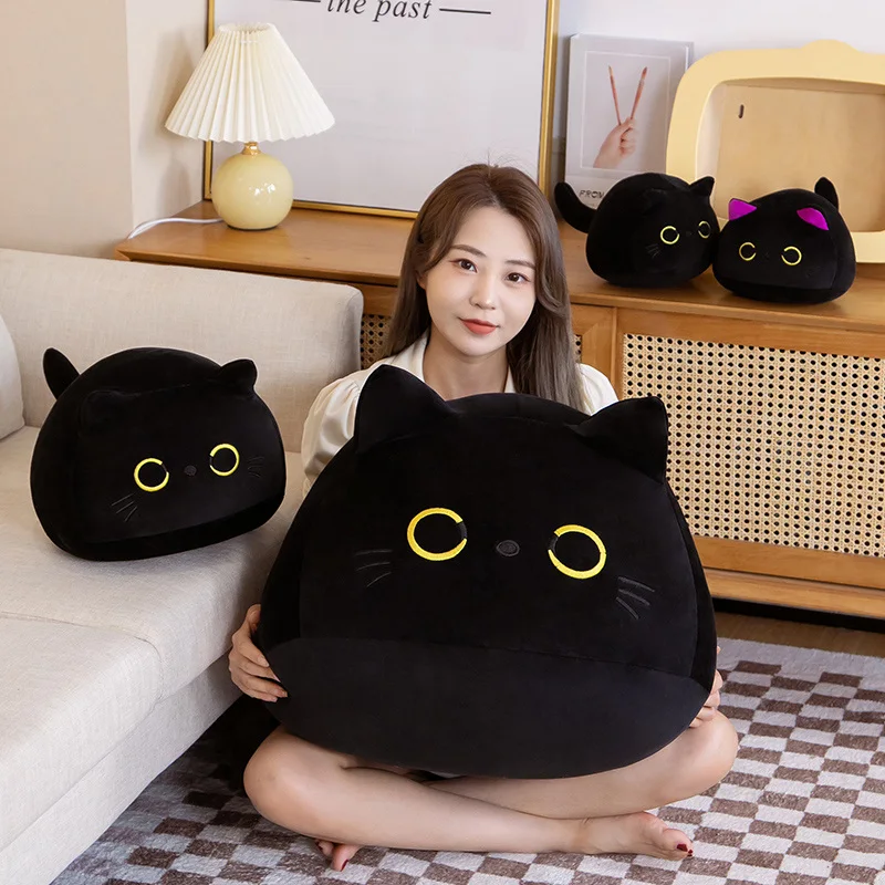 9cm-70cm Kawaii Big Size Plush Cat Pillow Round Black Cat Bed Cushion Sleeping Toys