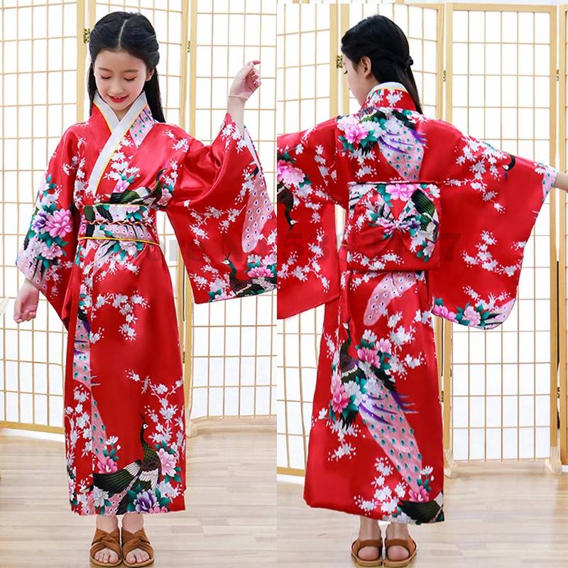 Japanese Kimono Girls Japan Kimono Satin Luxury Novelty Yukata Gown Printed Robe with Obi Children Performance Costume Traditional Asian Clothes