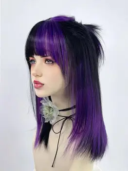 Parrucca sintetica corta diritta verde nera a strati con frangia Parrucca per capelli cosplay Lolita soffice da donna per la festa quotidiana