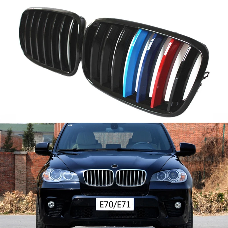 

A Pair Left And Right Front Kidney Grille Grill Single Slats Racing Grills Car Accessories For BMW X5 X6 E70 E71 E72 2008-2013