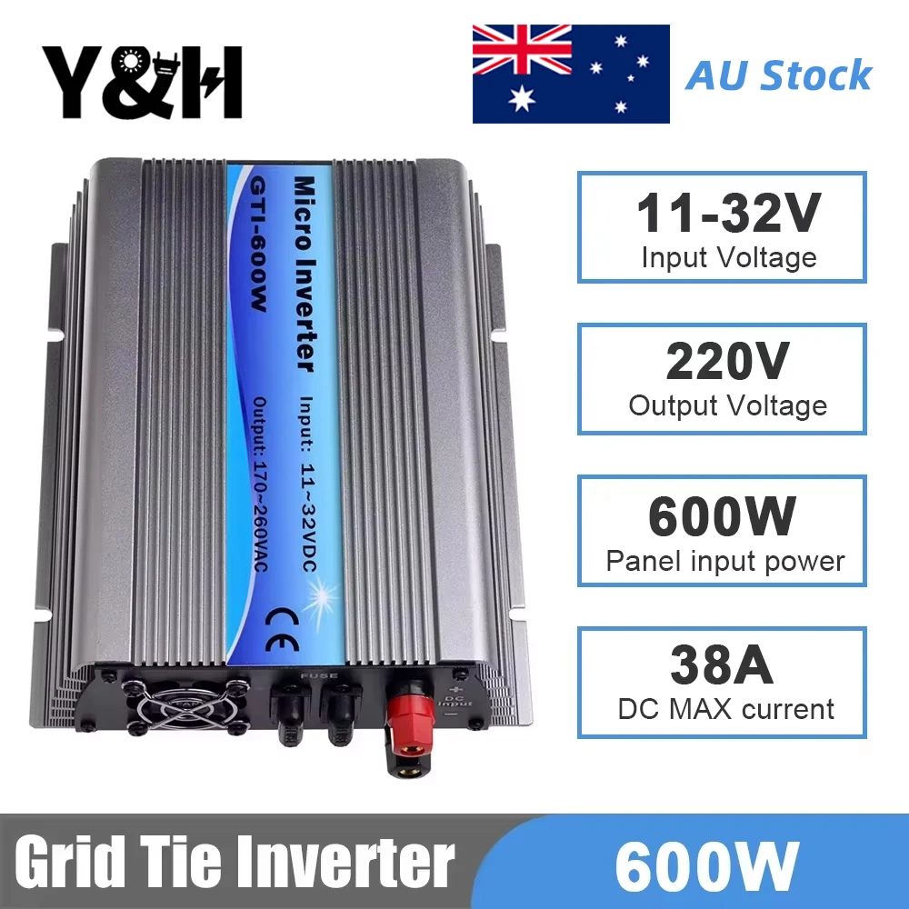 Y&H 600W MPPT Solar Grid Tie Inverter Pure Sine Wave,24V Battery/DC11-32V PV Input AC 220V Output, Solar Panel Home System