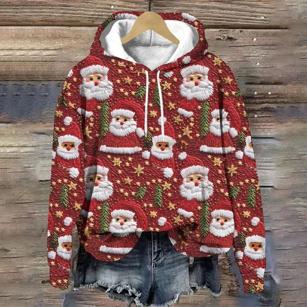 Women Christmas Long sleeved Hoodie,  O-Neck Sweatshirts, 3d Santa Claus Print Hoodies Kawaii korean fashion Pullover streetwear