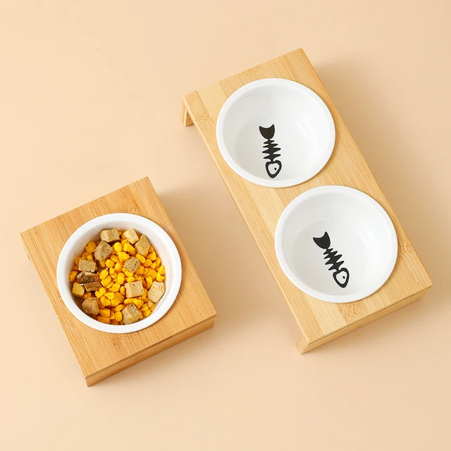 Pet Cat Dog Double Bowl Single Bowl Ceramic Bowl Bamboo Wooden Table Into A Kitten Skid Resistant Double Bowl Small Dog Food Bow 6