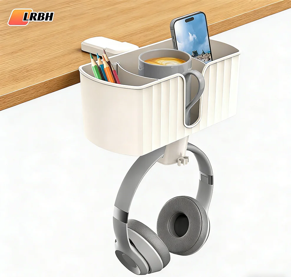 Organizer da scrivania 4 in 1 - Portabicchieri sotto la scrivania e gancio per cuffie con 2 fori per cavi - Gancio girevole, per tazza, telefono e penna