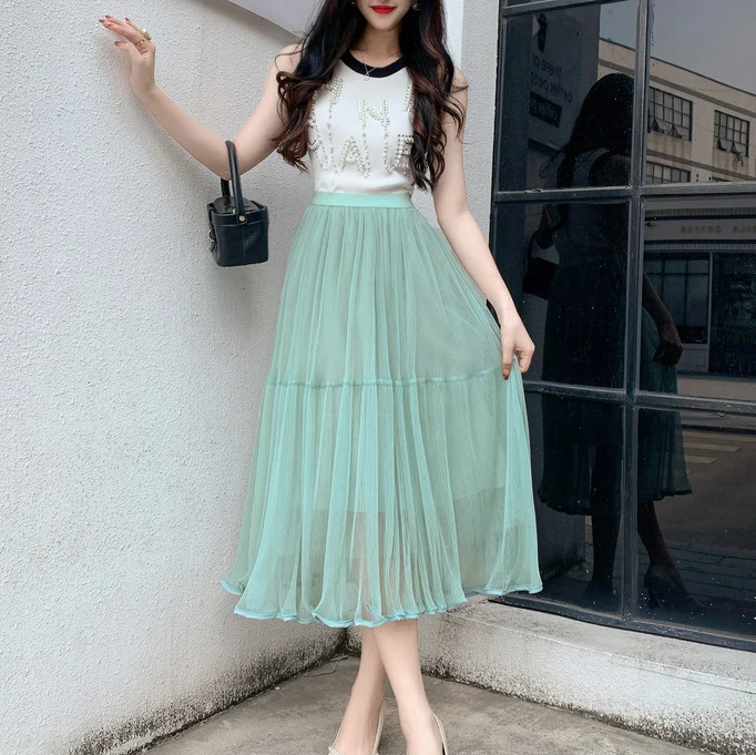 

Sweet Mesh Skirt Women's Korean Fahion Elastic Waist Long Pleated Skirts Y2K Faldas Spring Female Elegant Chic Ruffle Maxi Skirt