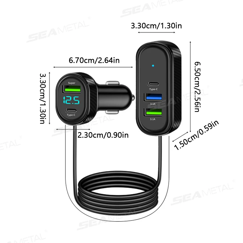 SEAMETAL 5 in 1 Car USB Charger 150cm Long Cable 66W Super-Fast Charging 5-Port Auto Phone Charger Adapter Universal for 12-24V