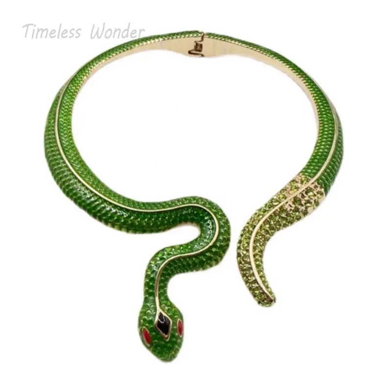 

Timeless Wonder Enamel Zircon Geo Snake Torque Necklaces for Women Designer Jewelry Goth Runway Punk Top Vintage Gift Rare 2629