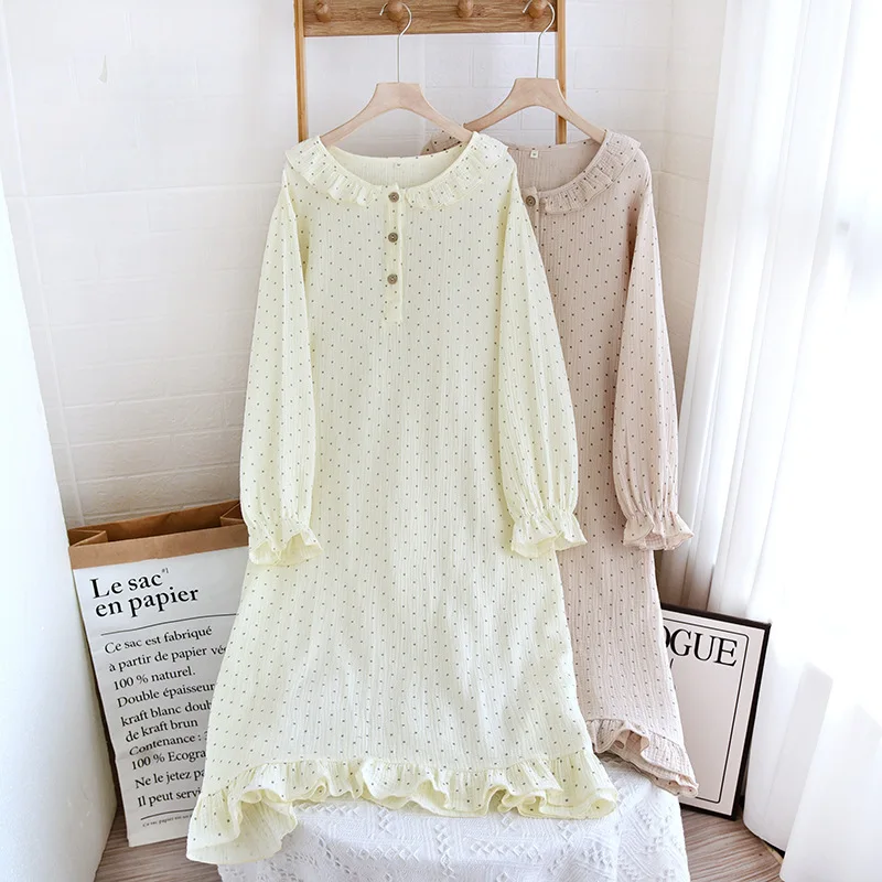 

Новая японская весенне-осенняя женская ночная рубашка из 100% хлопка и крепа с длинным рукавом юбка большого размера Простая Повседневная Длинная юбка для дома