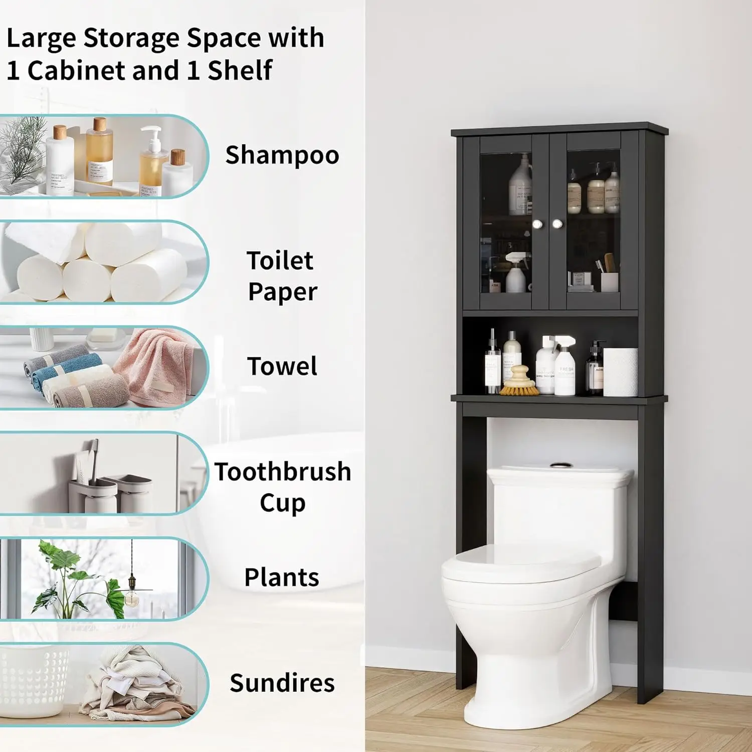 Over The Toilet Storage Cabinet, Bathroom Shelf Organizer with Anti-Tip Device Small Freestanding Space Saver, Black 3