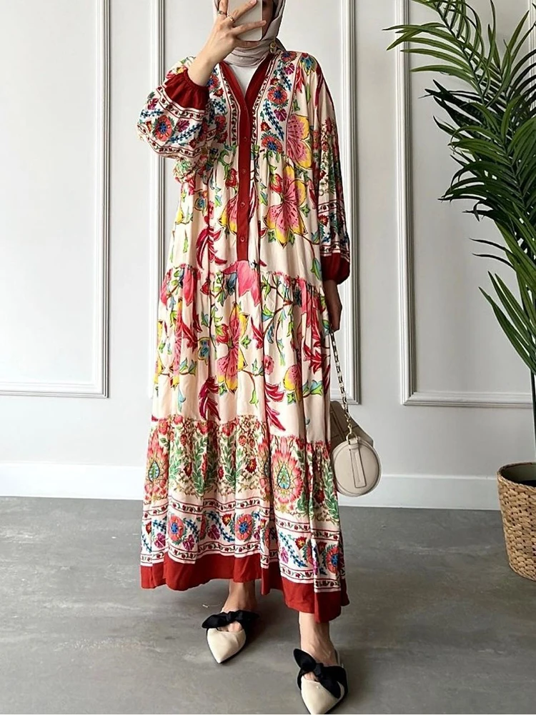 Muslim Women's Clothing Long Sleeved Standing Neck Printed Ethnic Style Large Swing Dress V-Neck Pullover Dubai Turkey Abaya