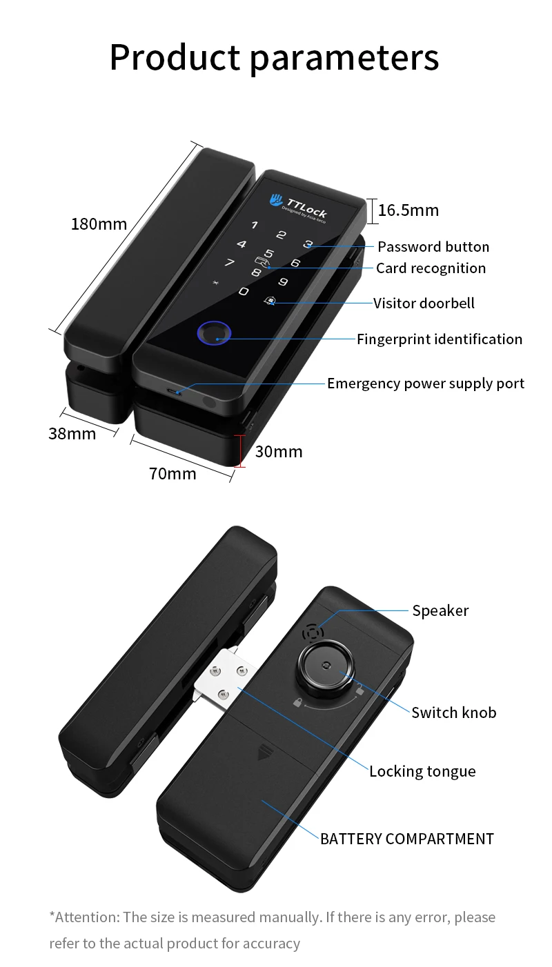 Ttlock APP Wooden Glass Door Lock Bluetooth Remote Unlock Fingerprint App Card P