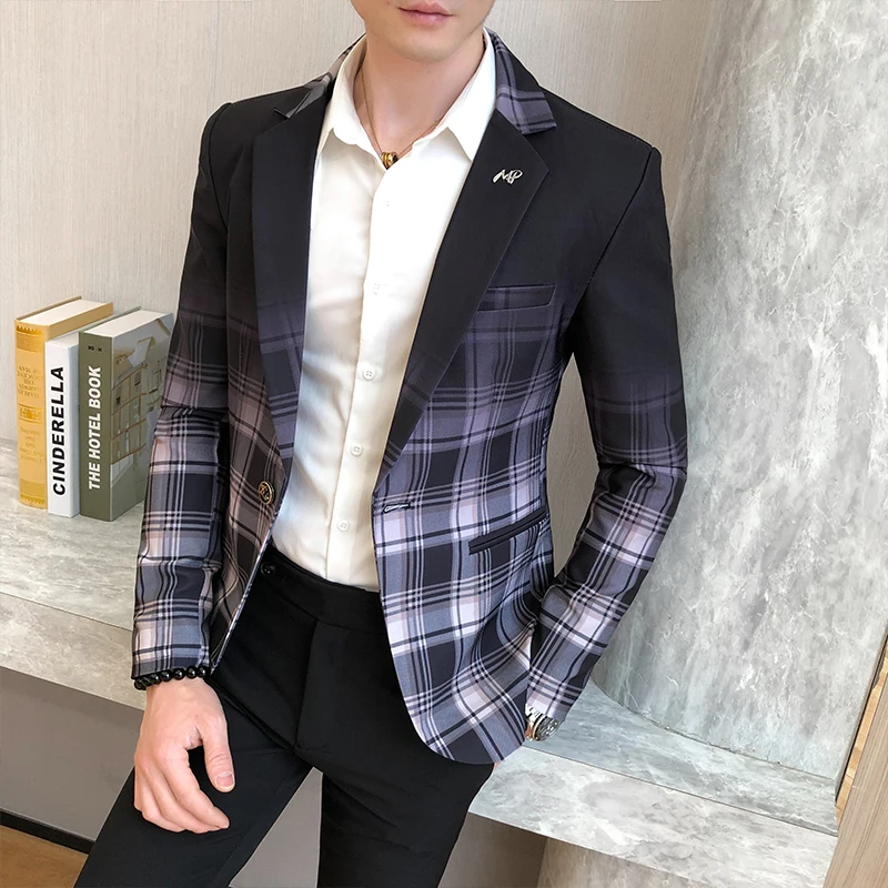 Spring Colorblock Plaid Blazer Men Slim Casual Wedding Business Party Coat M-3XL