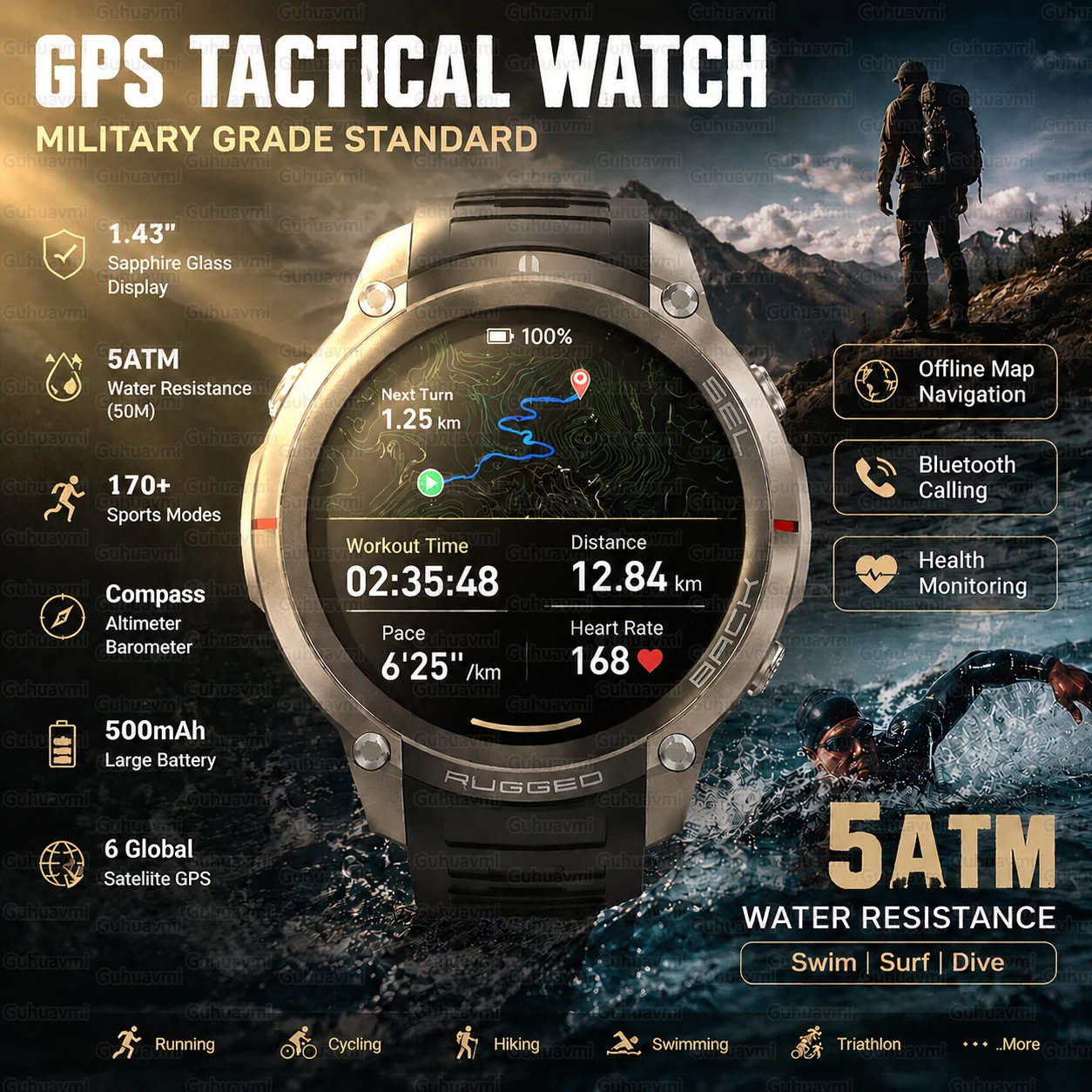 2026New Military Grade GPS Smart Watch Sapphire Screen 5ATM Waterproof Compass Altimeter Bluetooth Call Outdoor Adventure Watchs_voghion.com