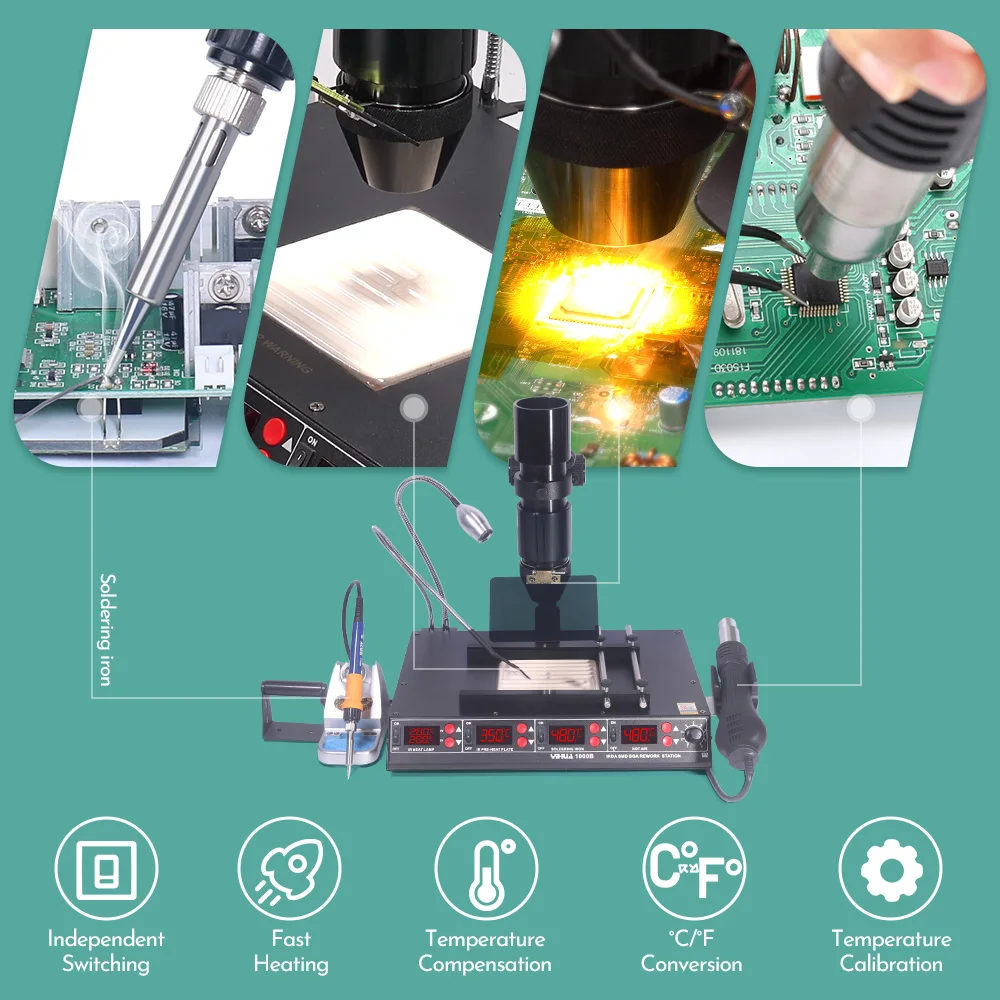 YIHUA 1000B 4 in 1 BGA Rework Station Infrared Preheater, Desoldering Hot Air Rework Station,Temp Sen 4