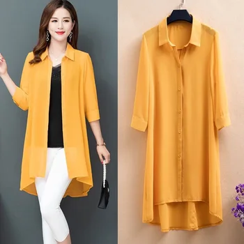 Abbigliamento estivo per la protezione solare Camicetta ampia da donna Mezza manica Camicie in chiffon femminile Donna Midi Cappotto lungo Scialle da donna Capispalla